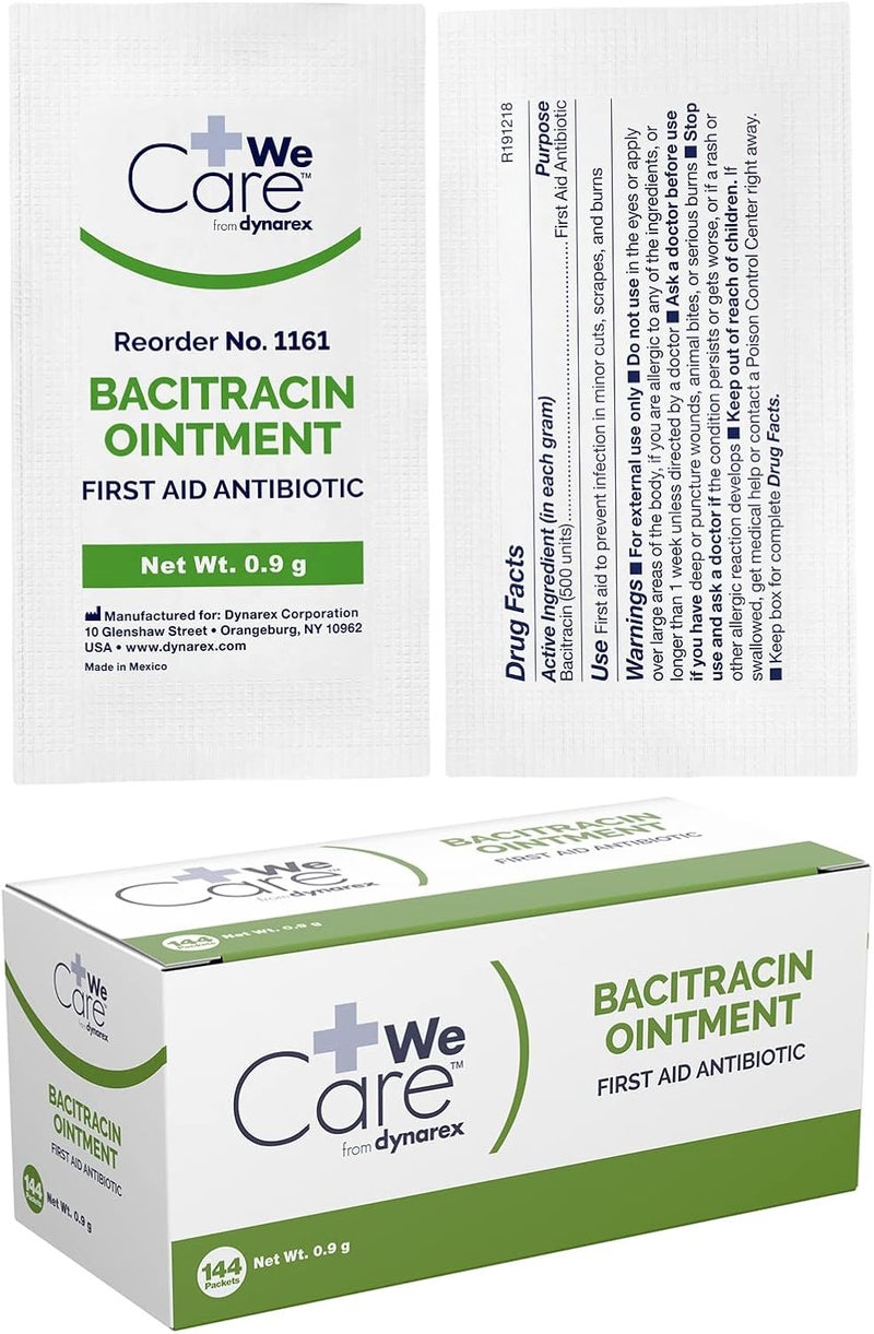 Dynarex Bacitracin Topical Ointment USP  First Response Wound Care Supplies for Minor Cuts Scrapes  Burns  Helps Keep Wounds Clean  1 Box of 144  09g Packets - Image 1