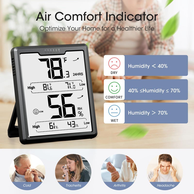 DOQAUS Upgraded Digital Hygrometer Room Thermometer Indoor, Humidity Meter with Large LCD Display, Temperature Humidity Monitor with Max Min Records, Black - Image 3