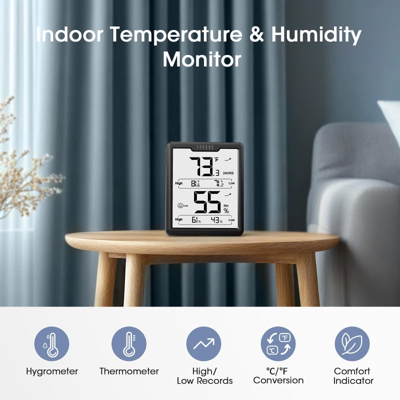 DOQAUS Upgraded Digital Hygrometer Room Thermometer Indoor, Humidity Meter with Large LCD Display, Temperature Humidity Monitor with Max Min Records, Black - Image 2
