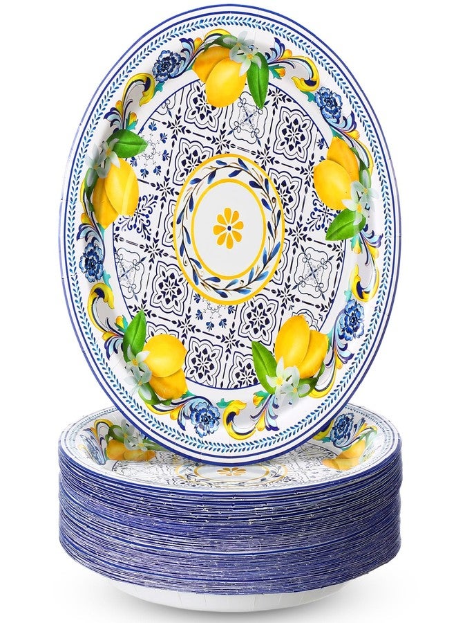 Potchen 80 Pack Capri Lemon Paper Plates Set 9 in Blue Tiles Yellow Disposable Plates Lemon Birthday Party Supplies Favor, Serve 80 Guest - Image 1