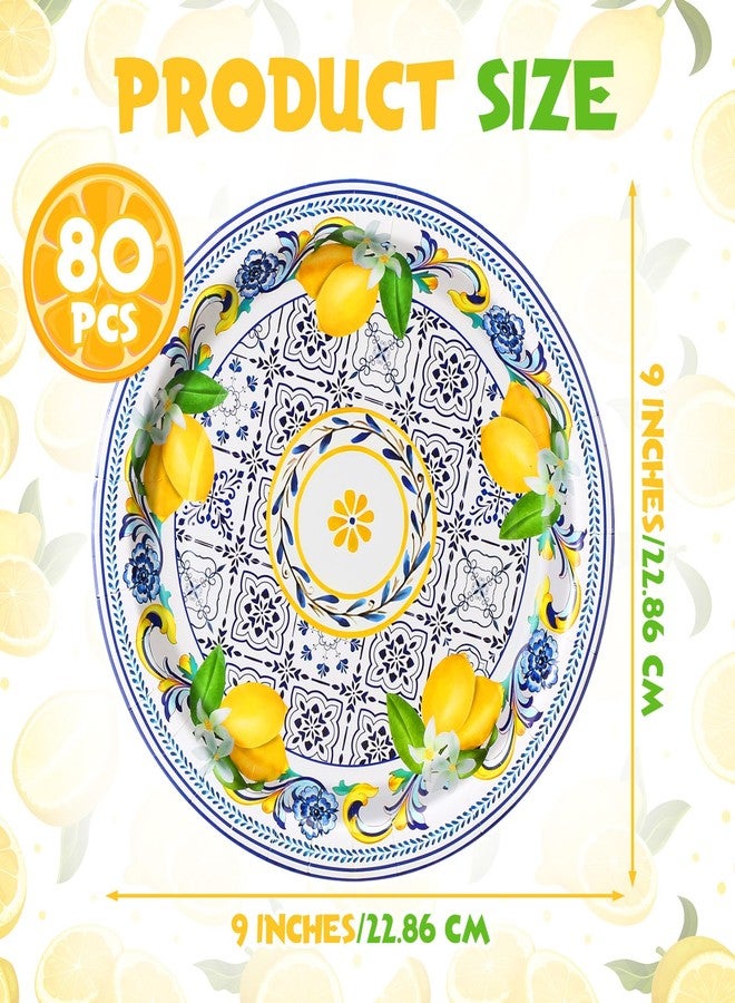 Potchen 80 Pack Capri Lemon Paper Plates Set 9 in Blue Tiles Yellow Disposable Plates Lemon Birthday Party Supplies Favor, Serve 80 Guest - Image 2