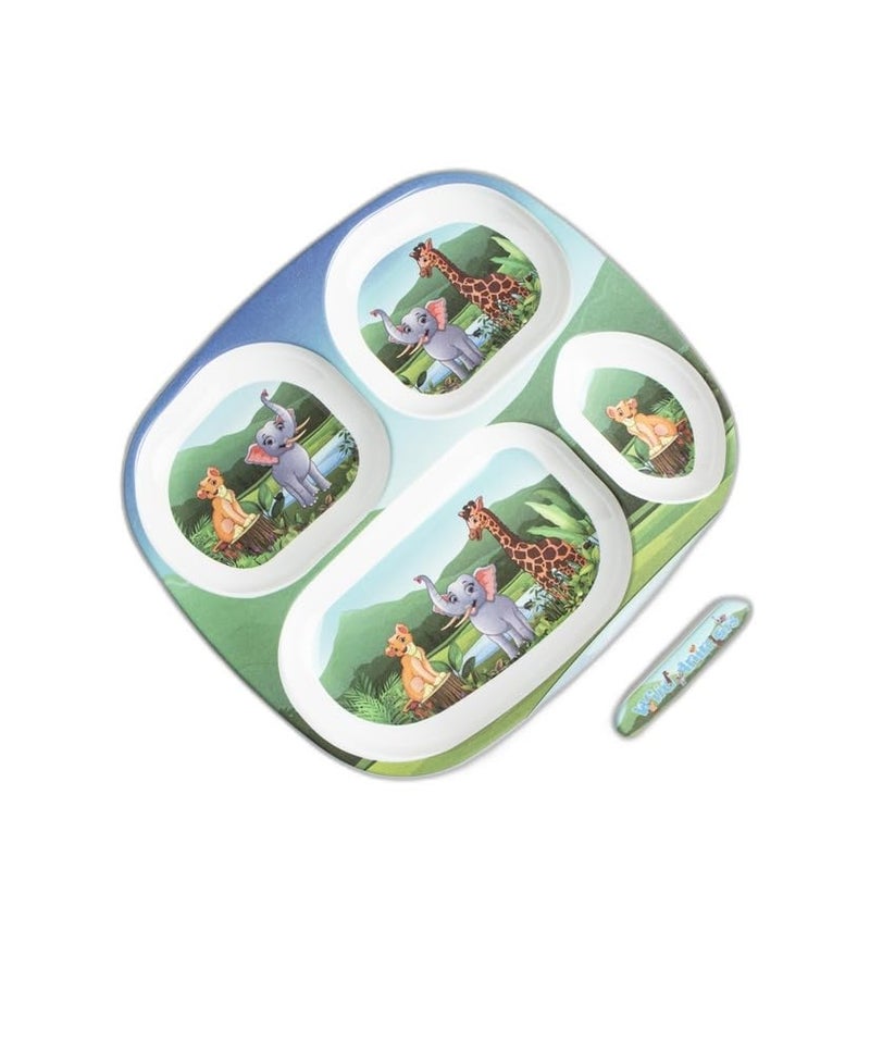 Superware Melamine Kids Wild Animal Theme 4 Section Divided Plates with Spoons Set of 2 for Toddlers Baby Mealtime Durable Safe - Image 1