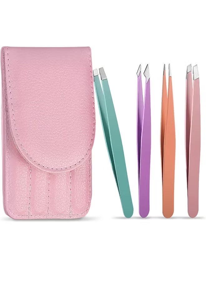 Tweezers Set, 4pcs Professional Stainless Steel Tweezers, Eyebrow Tweezers Set with Case for Facial Hair Ingrown Hair, Daily Beauty Tool, Multicolor - Image 1