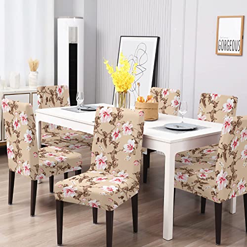 BRIDA® Polyester Spandex Stretchable Floral Geometric Printed Dining Chair Covers Elastic Chair Seat Case Protector, Slipcovers (6 Chair Cover, Beige Pink) - Image 5