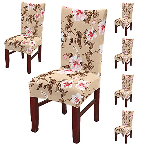 BRIDA® Polyester Spandex Stretchable Floral Geometric Printed Dining Chair Covers Elastic Chair Seat Case Protector, Slipcovers (6 Chair Cover, Beige Pink) - Image 1