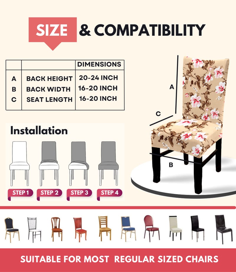BRIDA® Polyester Spandex Stretchable Floral Geometric Printed Dining Chair Covers Elastic Chair Seat Case Protector, Slipcovers (6 Chair Cover, Beige Pink) - Image 4