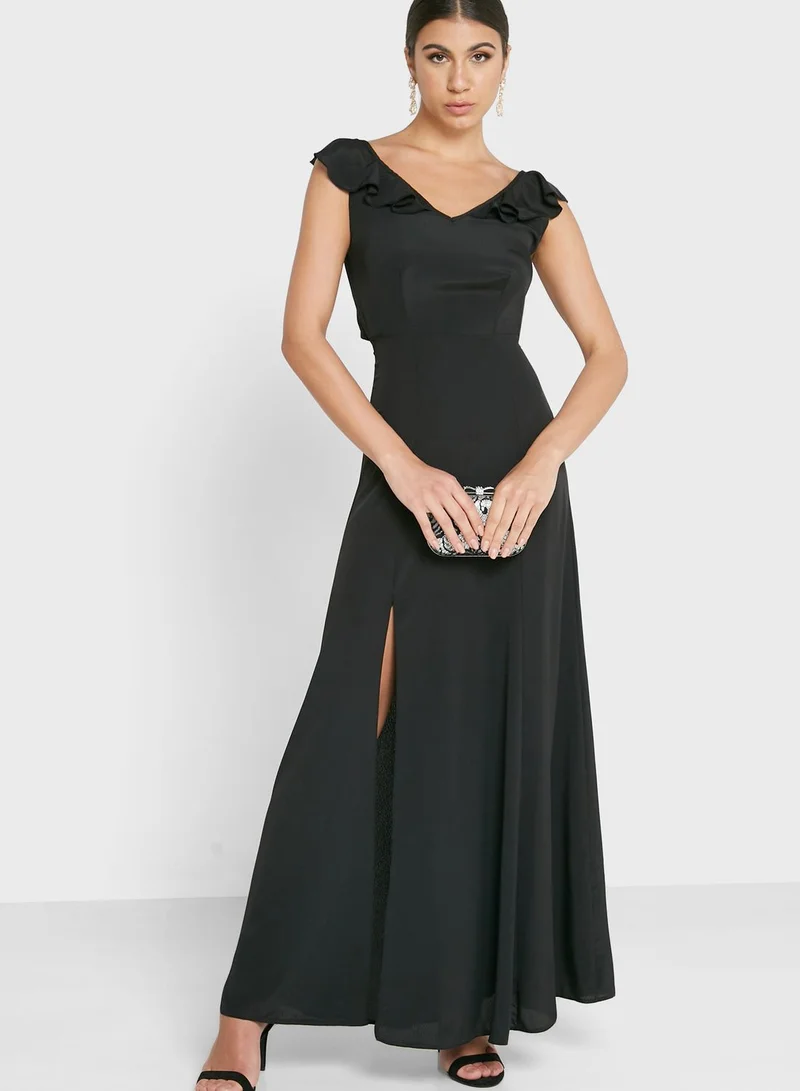 John Zack Tie Back Frill Maxi Bodycon Dress