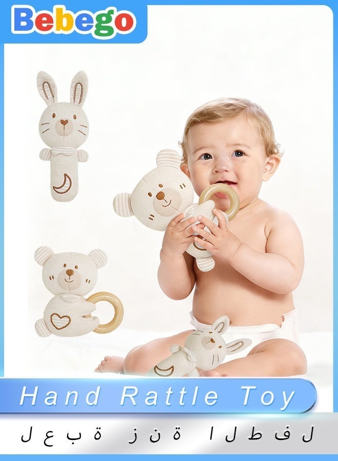 BEBEGO Adorable Rabbit & Bear Animal Hand Rattle Toy for Toddlers - Soft, Chewable Teething Ring with Smiling Face Design, Makes Fun Rattling Sounds, Perfect for Soothing Sore Gums, Toddler Sensory Toy - Image 1