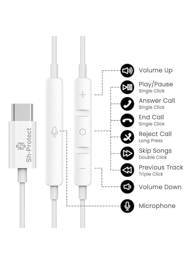 Sh-Protect USB C Headphones Wired Earphones with Mic & Remote Control Noise Cancelling Type C Earbuds for iPhone 15 Series, iPad, Galaxy S24/S23/S22/S21/S20/Ultra Note 10/20, Pixel 7/6/6a/5/4
