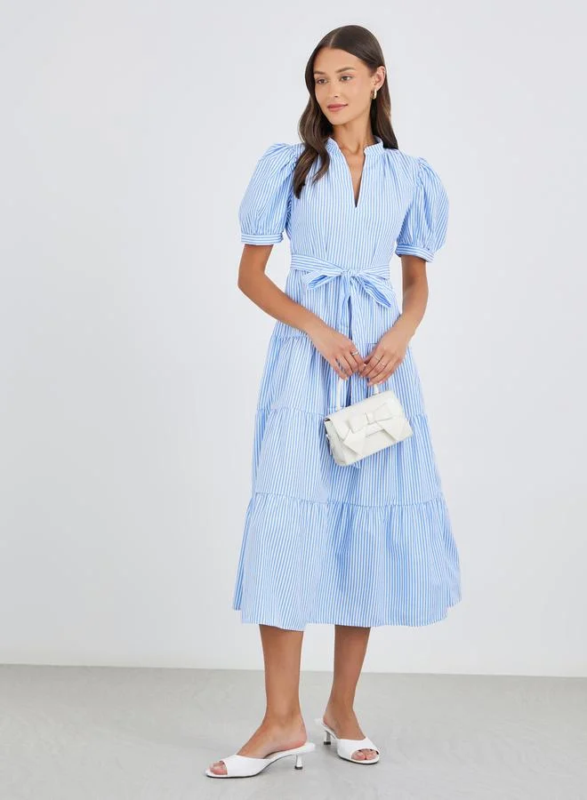 Styli Styli Striped Puff Sleeves Tiered Midi Dress with Self-Tie Belt