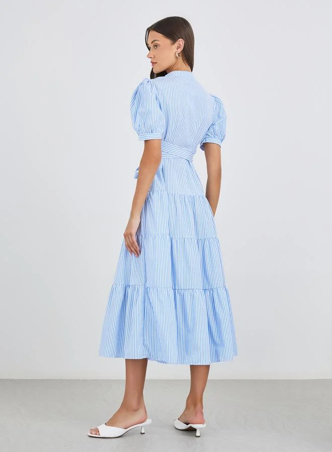 Styli Styli Striped Puff Sleeves Tiered Midi Dress with Self-Tie Belt