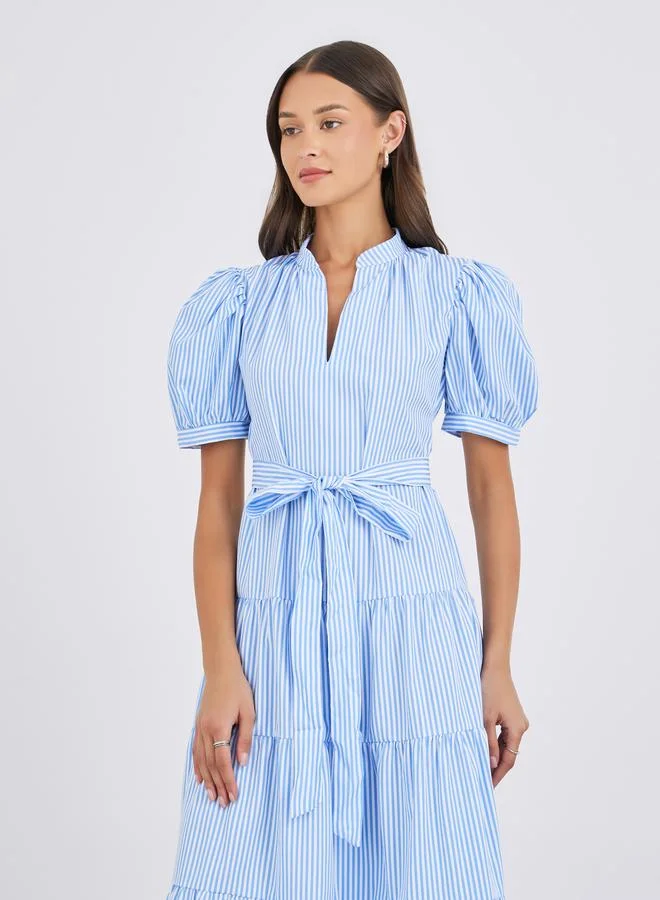 Styli Styli Striped Puff Sleeves Tiered Midi Dress with Self-Tie Belt