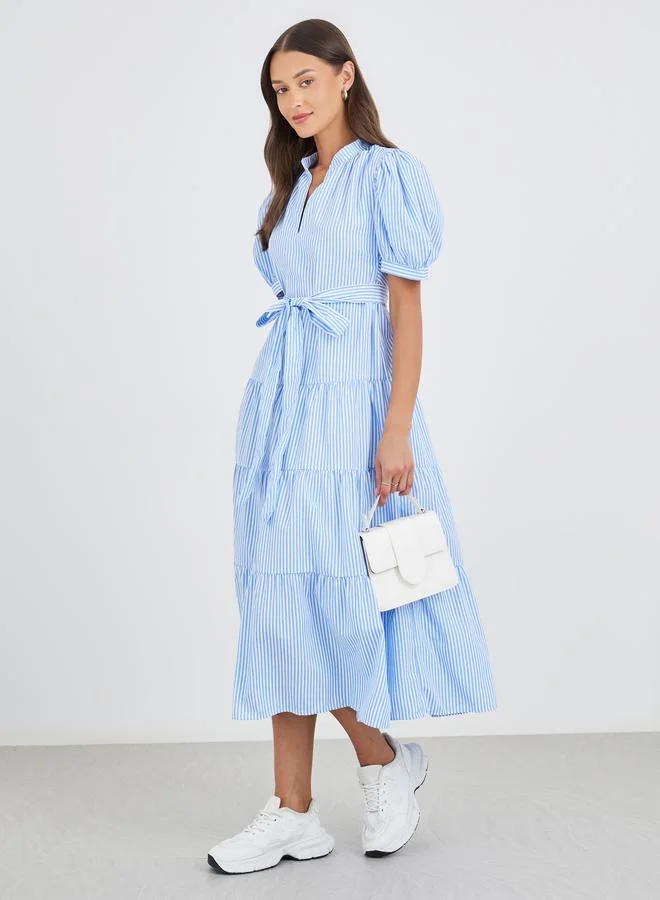 Styli Styli Striped Puff Sleeves Tiered Midi Dress with Self-Tie Belt