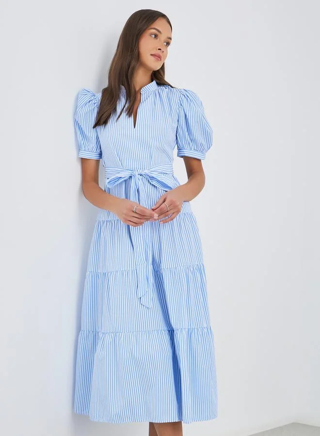 Styli Styli Striped Puff Sleeves Tiered Midi Dress with Self-Tie Belt