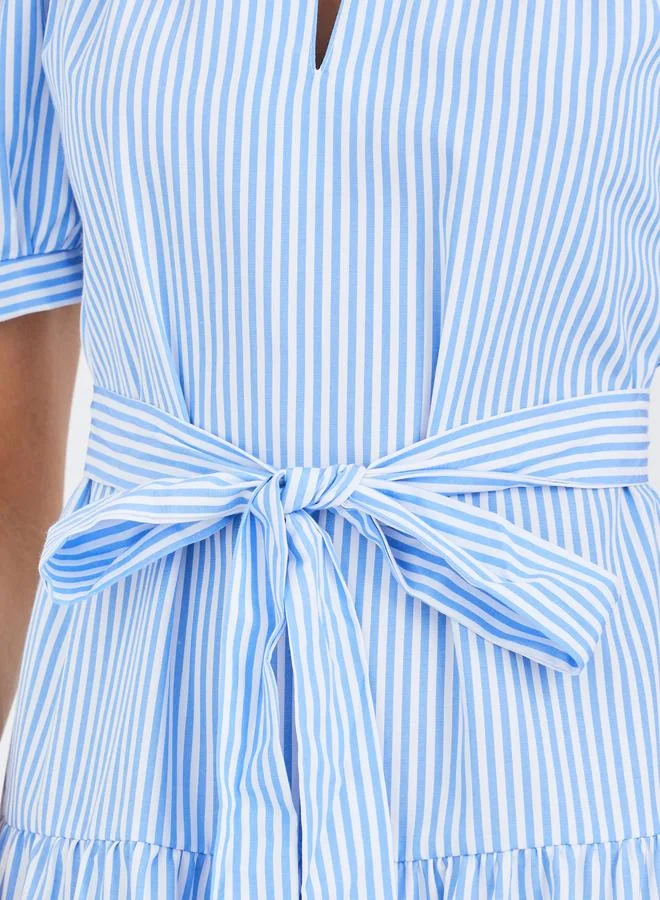 Styli Styli Striped Puff Sleeves Tiered Midi Dress with Self-Tie Belt