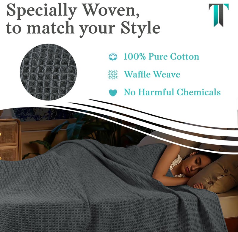 Tex Trend Grey Waffle Blanket – 100% Cotton Blankets Queen Size – Breathable and Soft for Summer Spring – Suitable for Bed Layering, Sofa - Grey (90”x90”) - Image 5
