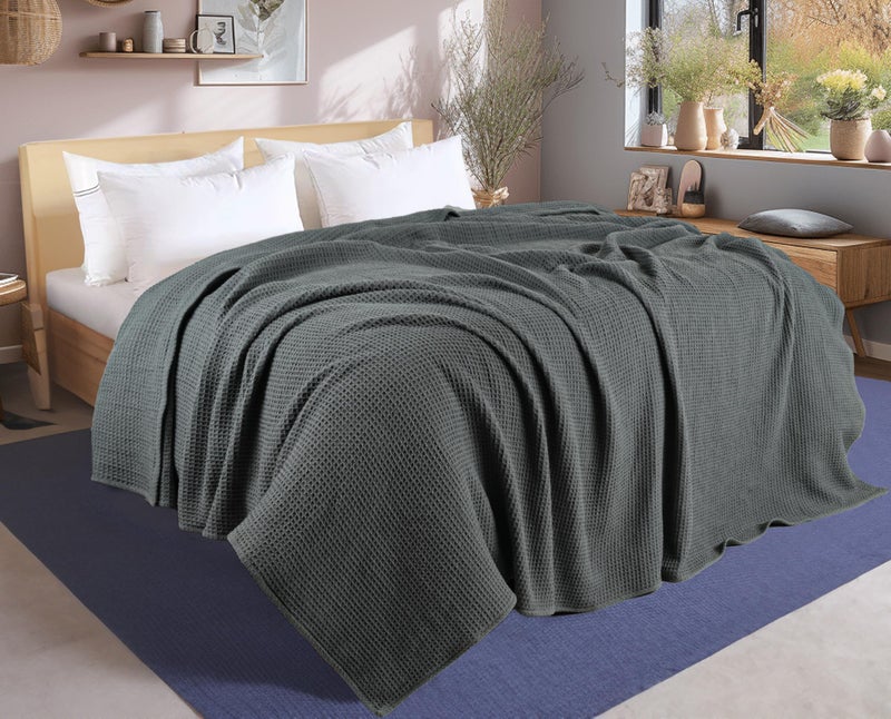 Tex Trend Grey Waffle Blanket – 100% Cotton Blankets Queen Size – Breathable and Soft for Summer Spring – Suitable for Bed Layering, Sofa - Grey (90”x90”) - Image 2