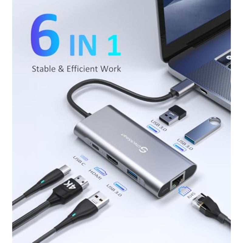 USB C Hub, USB C Ethernet Multiport Adapter, 6 In 1 USB C to HDMI Dock Compatible for Macbook Pro/Air, Chromebook, Dell XPS, HP and Type C Devices Gigabit Ethernet 100W PD 4K HDMI USB 3.0 - Image 3