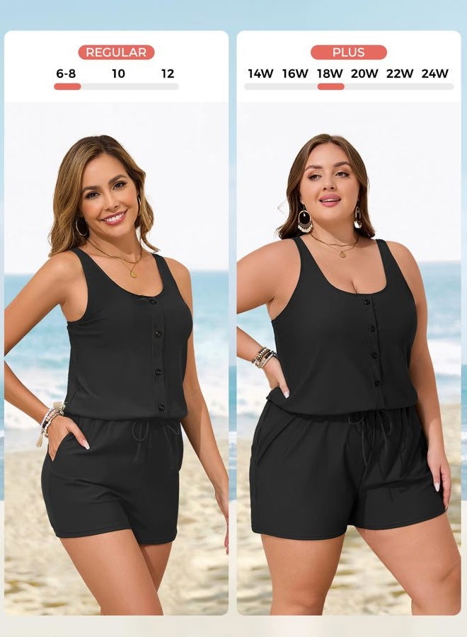 Summer Mae Plus Size Swim Romper One Piece Swimsuit Women Blouson Bathing Suit with Pockets 2025 Modest Swimwear, Black, 18 Plus - Image 3