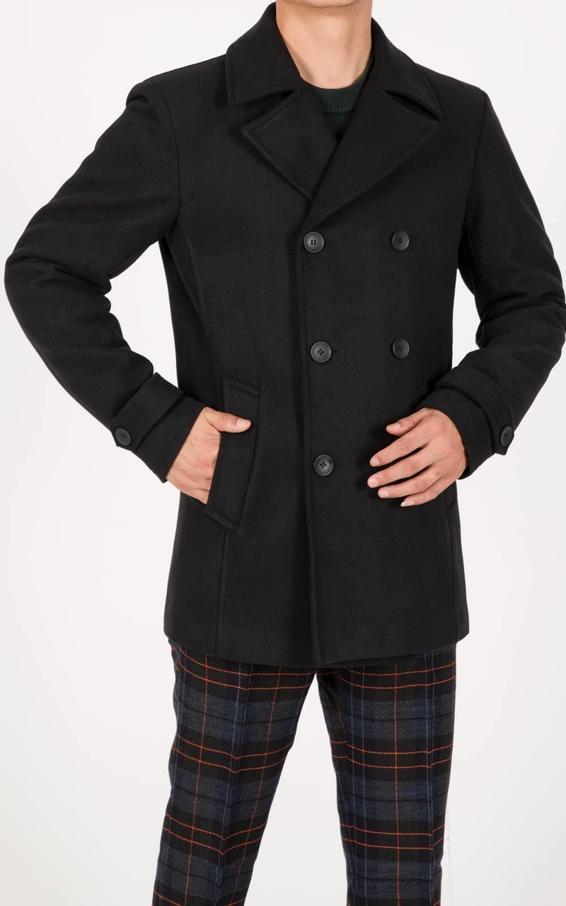 ThCreasa Mens Classic Double Breasted Pea Coat Wool Blend Quilted Lined Notched Collar Overcoat Trench Coat Black L - Image 4