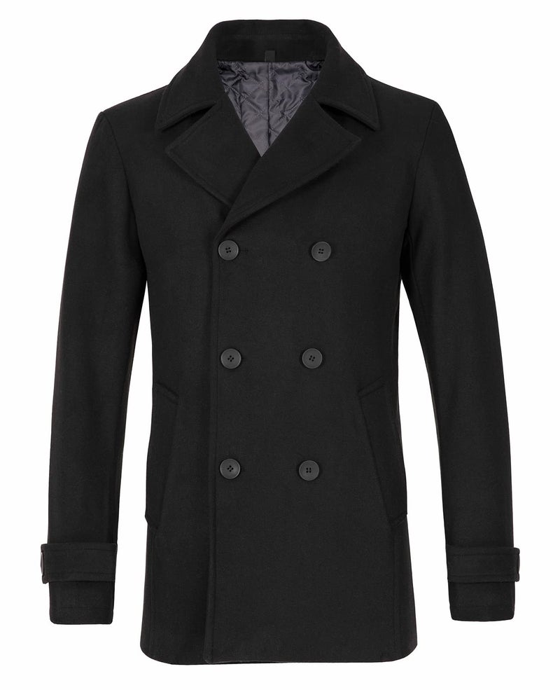 ThCreasa Mens Classic Double Breasted Pea Coat Wool Blend Quilted Lined Notched Collar Overcoat Trench Coat Black L - Image 1