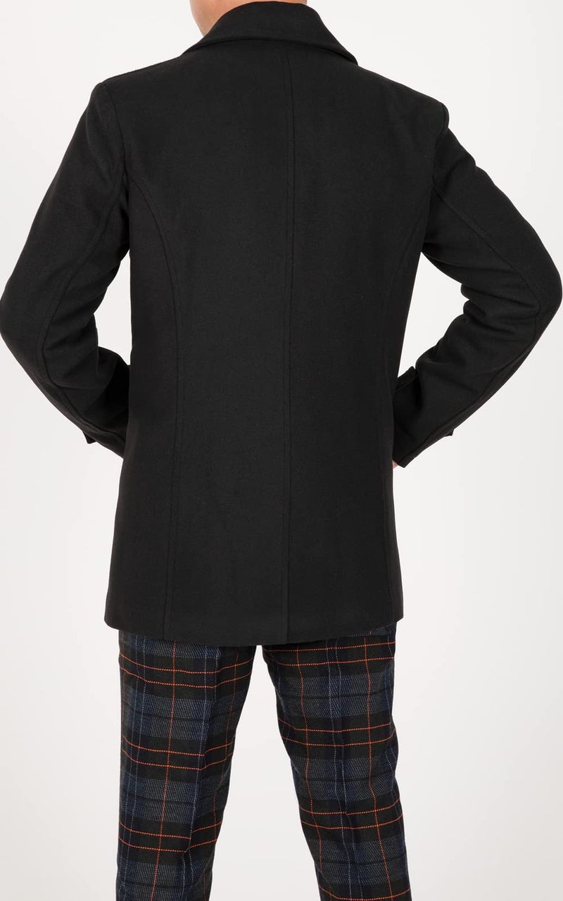 ThCreasa Mens Classic Double Breasted Pea Coat Wool Blend Quilted Lined Notched Collar Overcoat Trench Coat Black L - Image 5