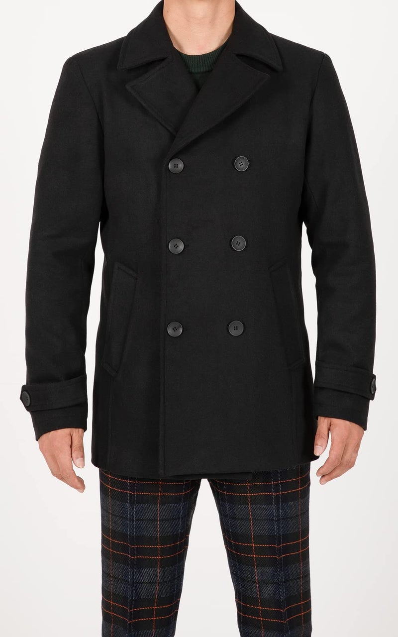 ThCreasa Mens Classic Double Breasted Pea Coat Wool Blend Quilted Lined Notched Collar Overcoat Trench Coat Black L - Image 2