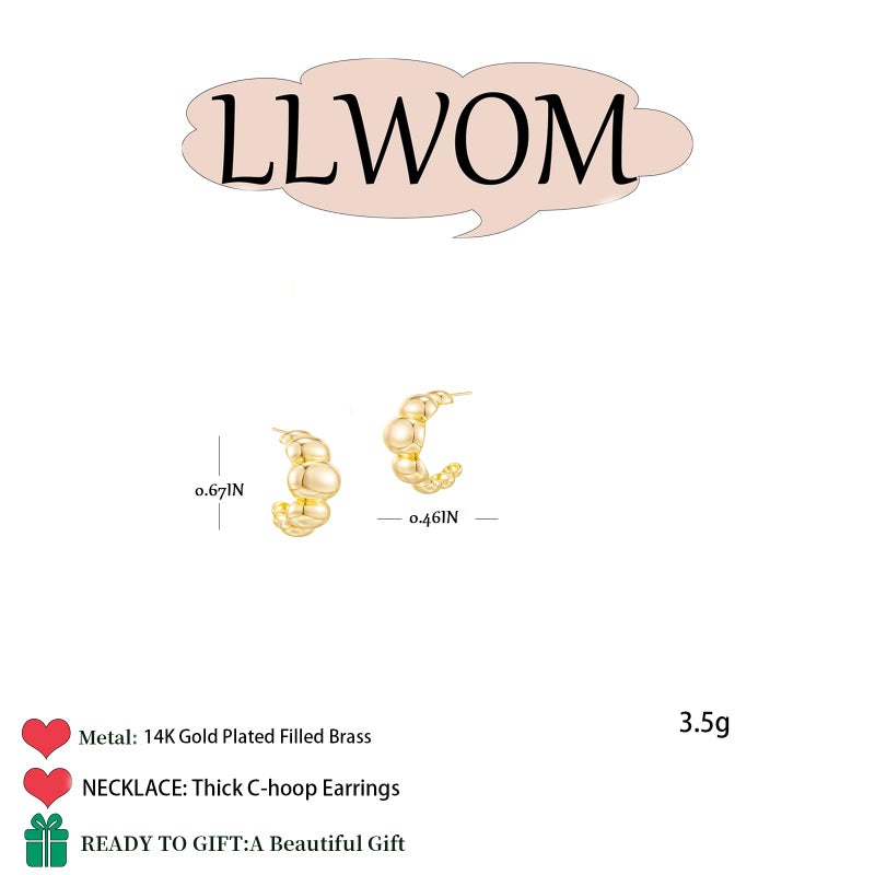 LLWOM Gold Hoop Earrings for Women-14k Gold Plated Thick C-hoop Earrings Hypoallergenic Lightweight Hoops Gifts - Image 5