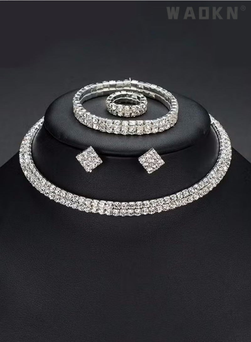 WAOKN 4 Pcs Rhinestone Choker Bracelet Ring Earrings Studs Set Double Row Round Diamond Collar Necklace Bridal Evening Dress Accessories for Women Bracelet Stretch Ring Bridal Party Jewelry Silver/Clear  - Image 1