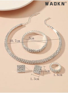 WAOKN 4 Pcs Rhinestone Choker Bracelet Ring Earrings Studs Set Double Row Round Diamond Collar Necklace Bridal Evening Dress Accessories for Women Bracelet Stretch Ring Bridal Party Jewelry Silver/Clear  - Image 2