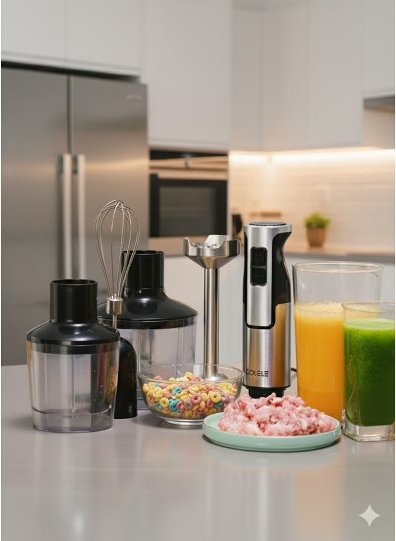 ZOLELE خلاط يدوي بشفرات من الفولاذ المقاوم للصدأ، تصميم متعدد الوظائف 5 في 1 للخلط، التقطيع والخلط، 1200 واط، 8 إعدادات سرعة، مثالي لطعام الأطفال والعصائر – نموذج HB1200، فضي/أسود - Image 3