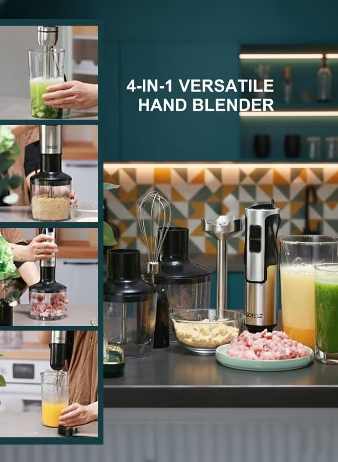 ZOLELE خلاط يدوي بشفرات من الفولاذ المقاوم للصدأ، تصميم متعدد الوظائف 5 في 1 للخلط، التقطيع والخلط، 1200 واط، 8 إعدادات سرعة، مثالي لطعام الأطفال والعصائر – نموذج HB1200، فضي/أسود - Image 2