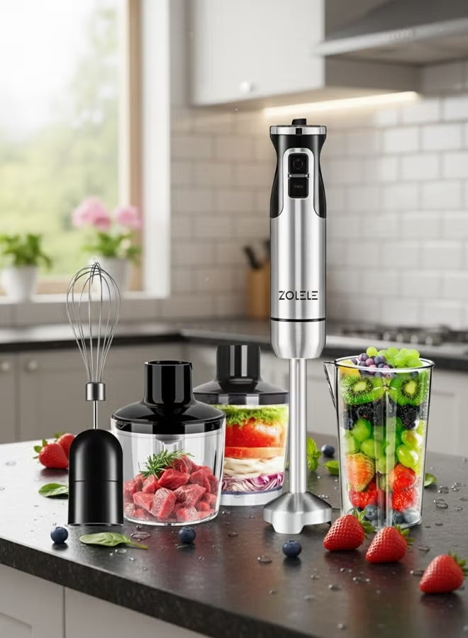 ZOLELE خلاط يدوي بشفرات من الفولاذ المقاوم للصدأ، تصميم متعدد الوظائف 5 في 1 للخلط، التقطيع والخلط، 1200 واط، 8 إعدادات سرعة، مثالي لطعام الأطفال والعصائر – نموذج HB1200، فضي/أسود - Image 4