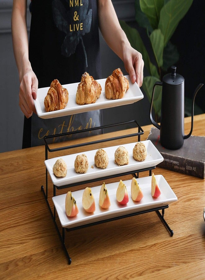 FixtureDisplays 3 Tier Collapsible Thicker Sturdier Plate Rack Stand with Plates - Three Tiered Cake Serving Tray - Dessert Fruit Presentation - Party Food Server Display - 3 White 12' x 6" Porcelain Platters Incl - Image 3