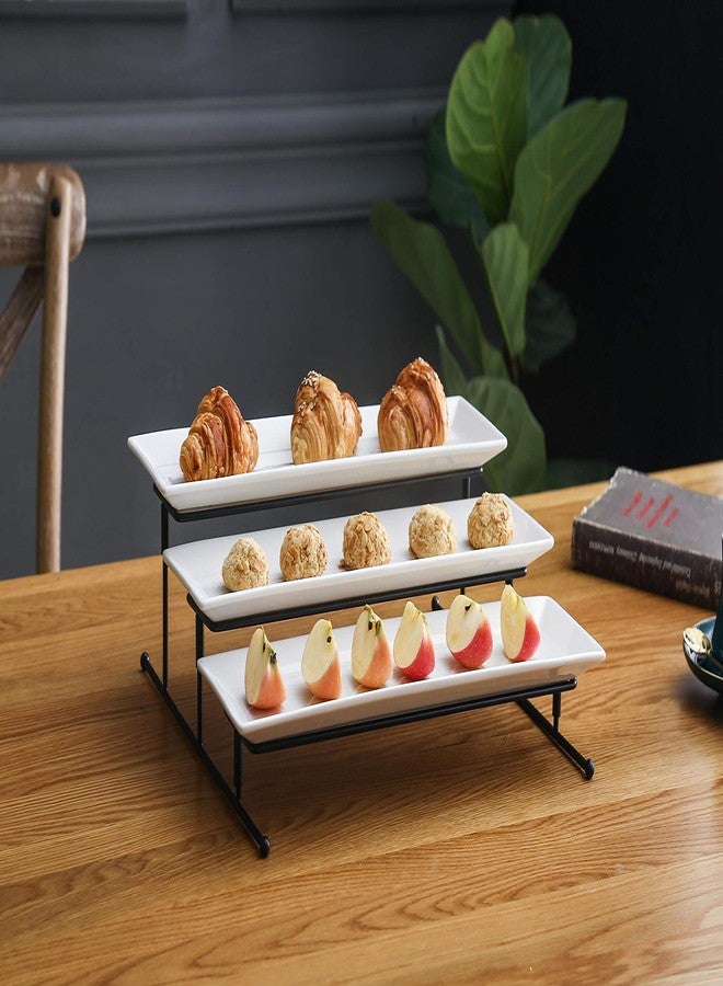 FixtureDisplays 3 Tier Collapsible Thicker Sturdier Plate Rack Stand with Plates - Three Tiered Cake Serving Tray - Dessert Fruit Presentation - Party Food Server Display - 3 White 12' x 6" Porcelain Platters Incl - Image 4
