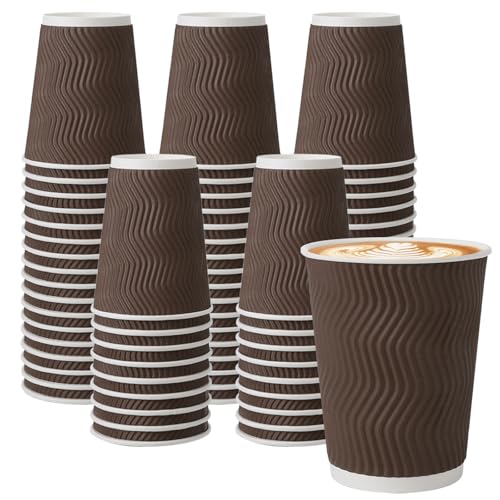 BYSNOW 150 Pack 12 oz Coffee Cups, Disposable Insulated Corrugated Ripple Wall Paper Coffee Cups, Hot Cold Drinking Cups for Office, Home, Party, Cafe, Travel (Brown) - Image 1