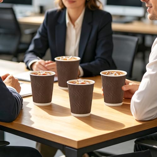 BYSNOW 150 Pack 12 oz Coffee Cups, Disposable Insulated Corrugated Ripple Wall Paper Coffee Cups, Hot Cold Drinking Cups for Office, Home, Party, Cafe, Travel (Brown) - Image 5