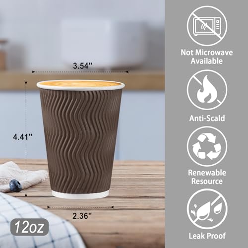 BYSNOW 150 Pack 12 oz Coffee Cups, Disposable Insulated Corrugated Ripple Wall Paper Coffee Cups, Hot Cold Drinking Cups for Office, Home, Party, Cafe, Travel (Brown) - Image 3