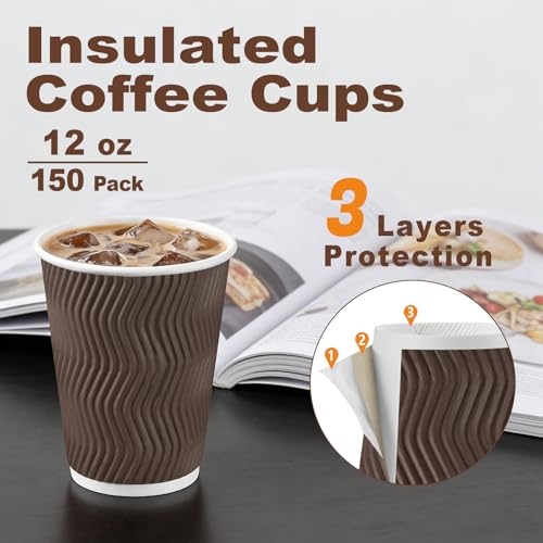 BYSNOW 150 Pack 12 oz Coffee Cups, Disposable Insulated Corrugated Ripple Wall Paper Coffee Cups, Hot Cold Drinking Cups for Office, Home, Party, Cafe, Travel (Brown) - Image 2