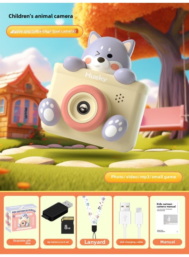 Toys Children's Cartoon Digital Camera Toy Birthday Gift Mini Camera Can Take Photos-Color:Husky Ultra-clear Dual Camera +8G + Card Reader