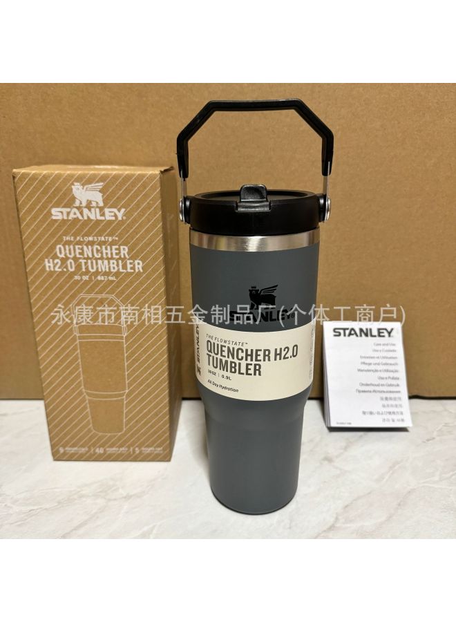 حمل كوب رمادي 30oz 887ml ستانلي ستانلي كوب شرب معزول حراري مع قشة كوب حمل 304 من الفولاذ المقاوم للصدأ محمول خارجي للسيارة والرياضة