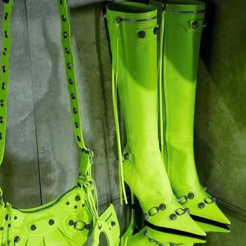 2023 Pointed Stiletto Heel Super High Heel Side Zipper Rivet Pin Buckle Large Size Knee-Length Boots High Heels - Image 2