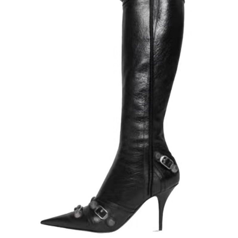 2023 Pointed Stiletto Heel Super High Heel Side Zipper Rivet Pin Buckle Large Size Knee-Length Boots High Heels - Image 5