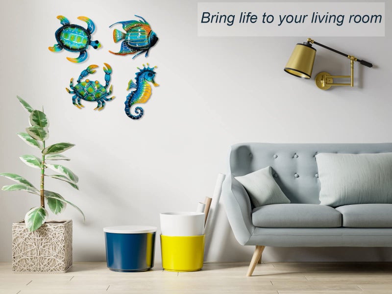 Meduofon Set of 4 Metal Outdoor Wall Art Decor, Blue Turtle Fish Crab and Seahorse Suitable for Beach Ocean Pool Decor, Metal Yard Fence Garden Children Room Bathroom Livingroom Wall Decoration - Image 3