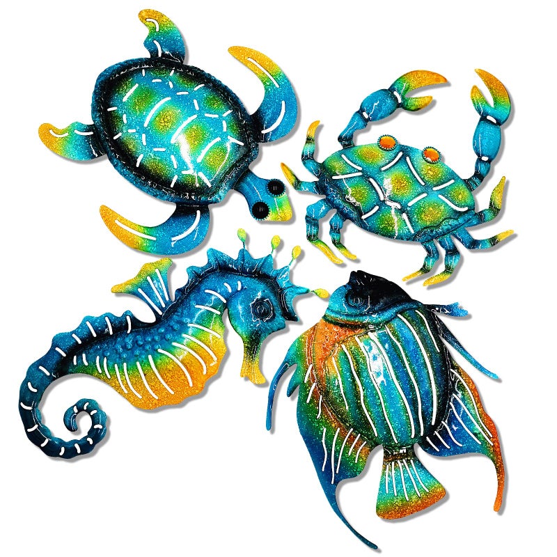 Meduofon Set of 4 Metal Outdoor Wall Art Decor, Blue Turtle Fish Crab and Seahorse Suitable for Beach Ocean Pool Decor, Metal Yard Fence Garden Children Room Bathroom Livingroom Wall Decoration - Image 1