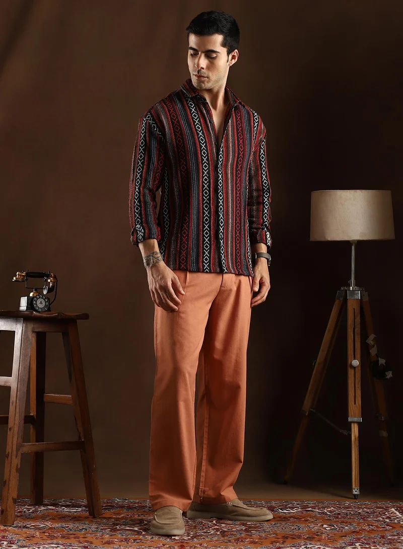 Campus Sutra Campus Sutra Men's Scarlet Red & Obsdian Black Folk-Weave Shirt For Casual Wear | Mid-Rise | Regular Fit | Button Closure | Shirt Crafted With Comfort Fit For Everyday Wear
