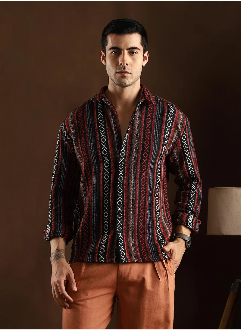 Campus Sutra Campus Sutra Men's Scarlet Red & Obsdian Black Folk-Weave Shirt For Casual Wear | Mid-Rise | Regular Fit | Button Closure | Shirt Crafted With Comfort Fit For Everyday Wear