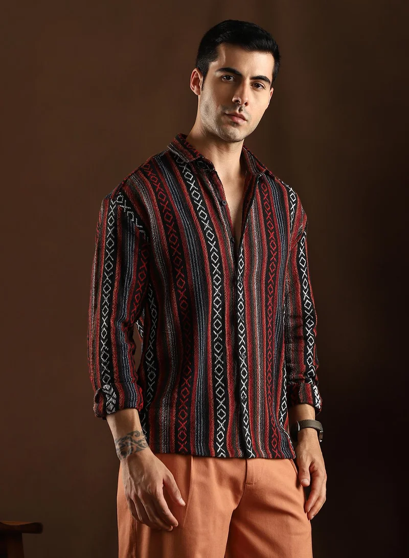 Campus Sutra Campus Sutra Men's Scarlet Red & Obsdian Black Folk-Weave Shirt For Casual Wear | Mid-Rise | Regular Fit | Button Closure | Shirt Crafted With Comfort Fit For Everyday Wear