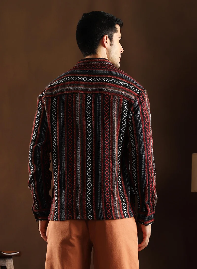 Campus Sutra Campus Sutra Men's Scarlet Red & Obsdian Black Folk-Weave Shirt For Casual Wear | Mid-Rise | Regular Fit | Button Closure | Shirt Crafted With Comfort Fit For Everyday Wear
