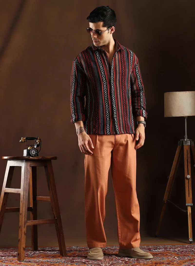 Campus Sutra Campus Sutra Men's Scarlet Red & Obsdian Black Folk-Weave Shirt For Casual Wear | Mid-Rise | Regular Fit | Button Closure | Shirt Crafted With Comfort Fit For Everyday Wear